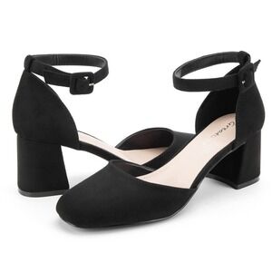 Greatonu Black Suede‎ Block Heel Pumps Shoes Ankle Strap Size 10 Brand New